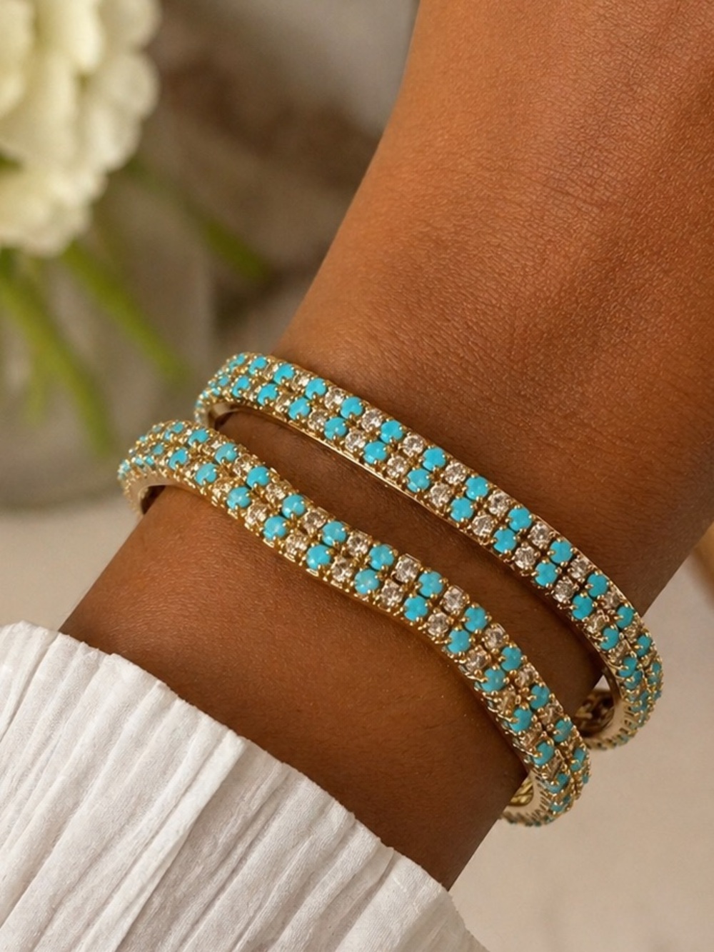 Turquoise Gold Rhinestone Bangle Bracelet Set 2 Pc Square Wavy Stack Glam Boho